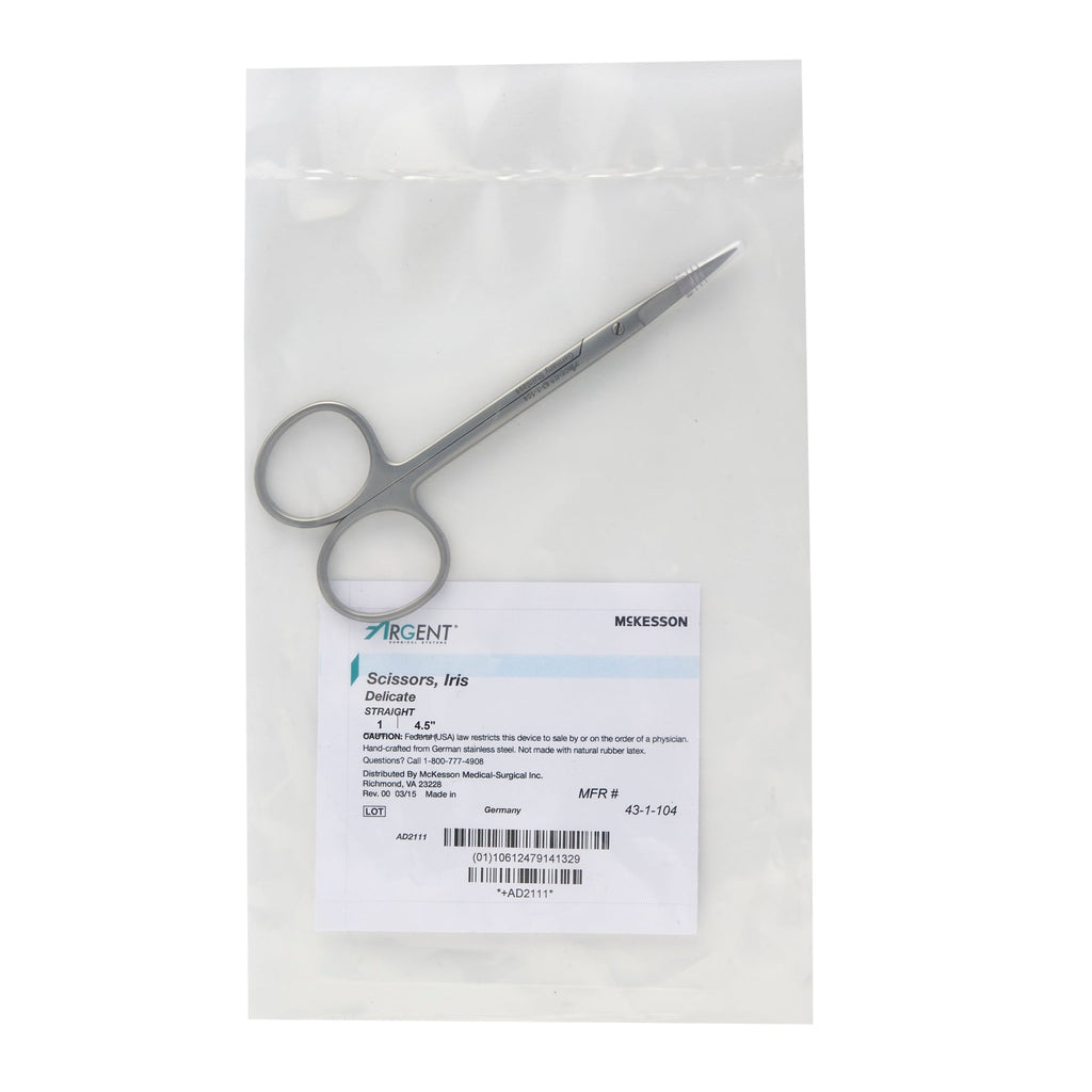McKesson Iris Scissors McKesson Argent™ 4-1/2 Inch Length OR / Surgical Grade Stainless Steel Finger Ring Handle Straight Sharp Tip / Sharp Tip