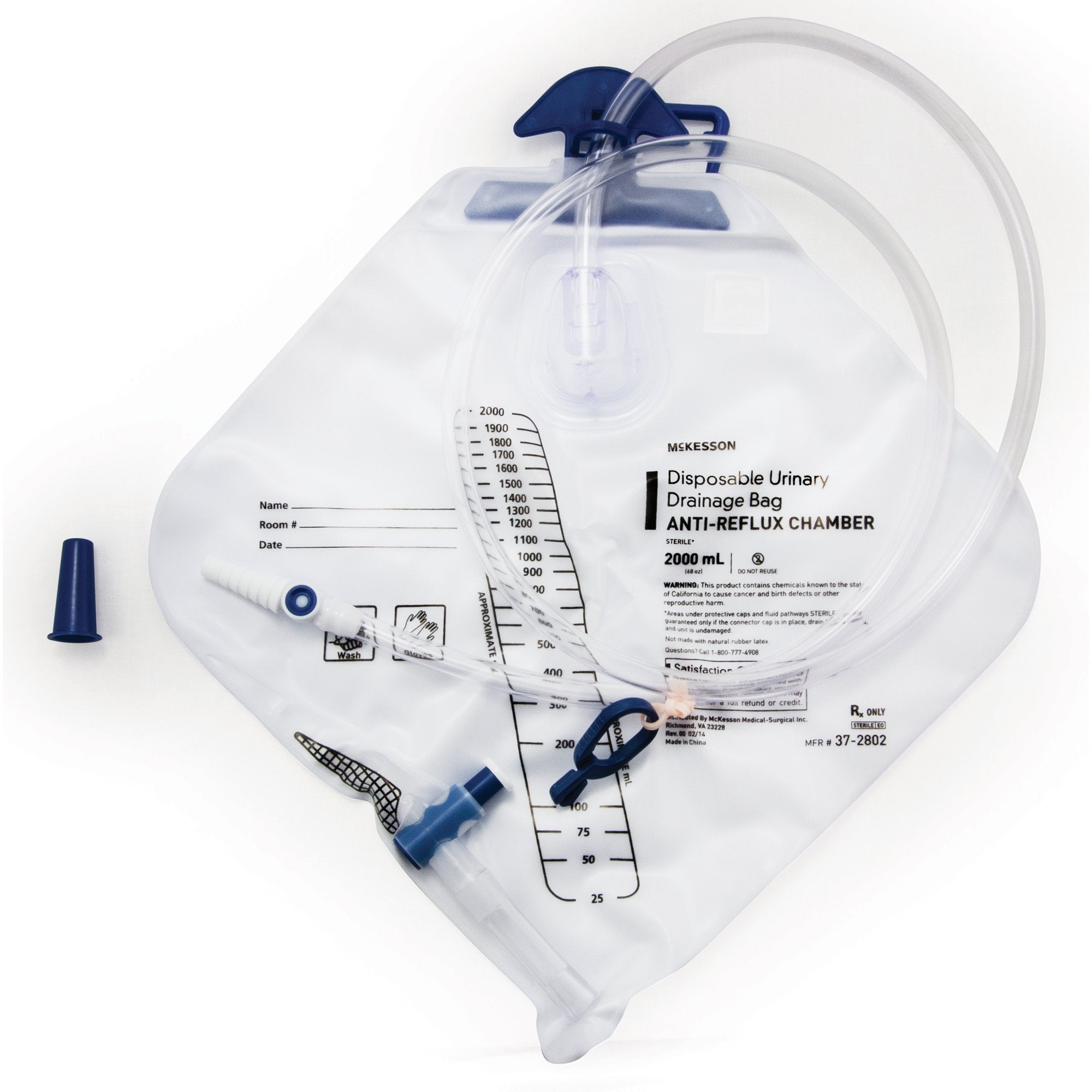 McKesson Drain Bag, Anti-Reflux Valve, 2000 mL, Vinyl
