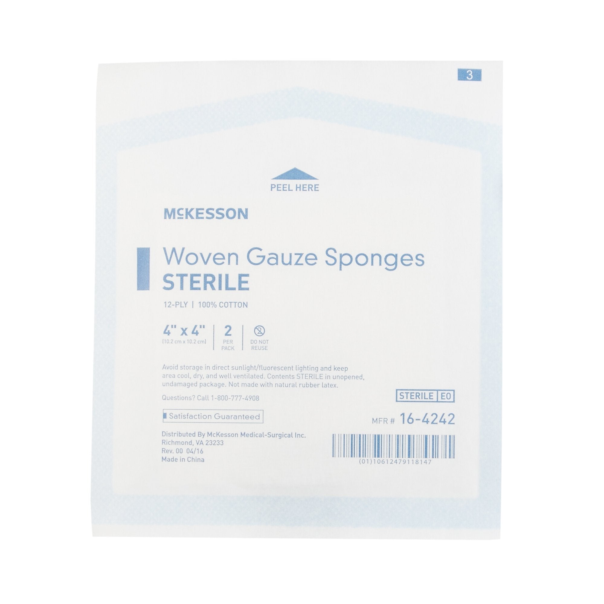 Gauze Sponge, Woven, 4" X 4", 12-Ply, Sterile 2/Pack
