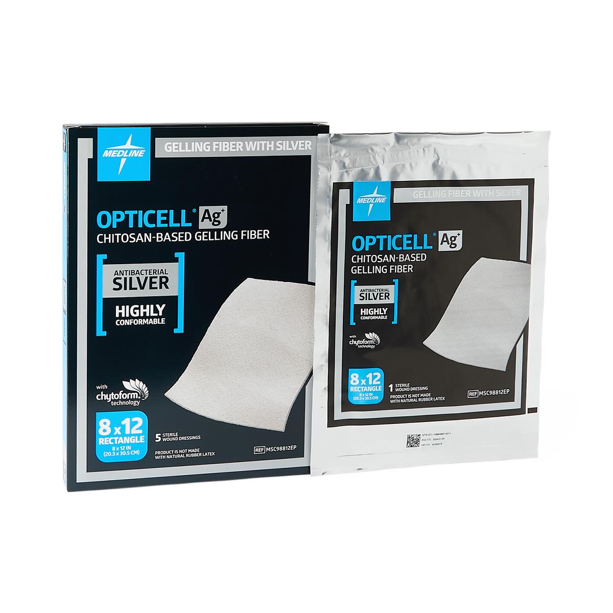 Medline Opticell Ag+ Silver Antibacterial Gelling Fiber Wound Dressing, 8" x 12"